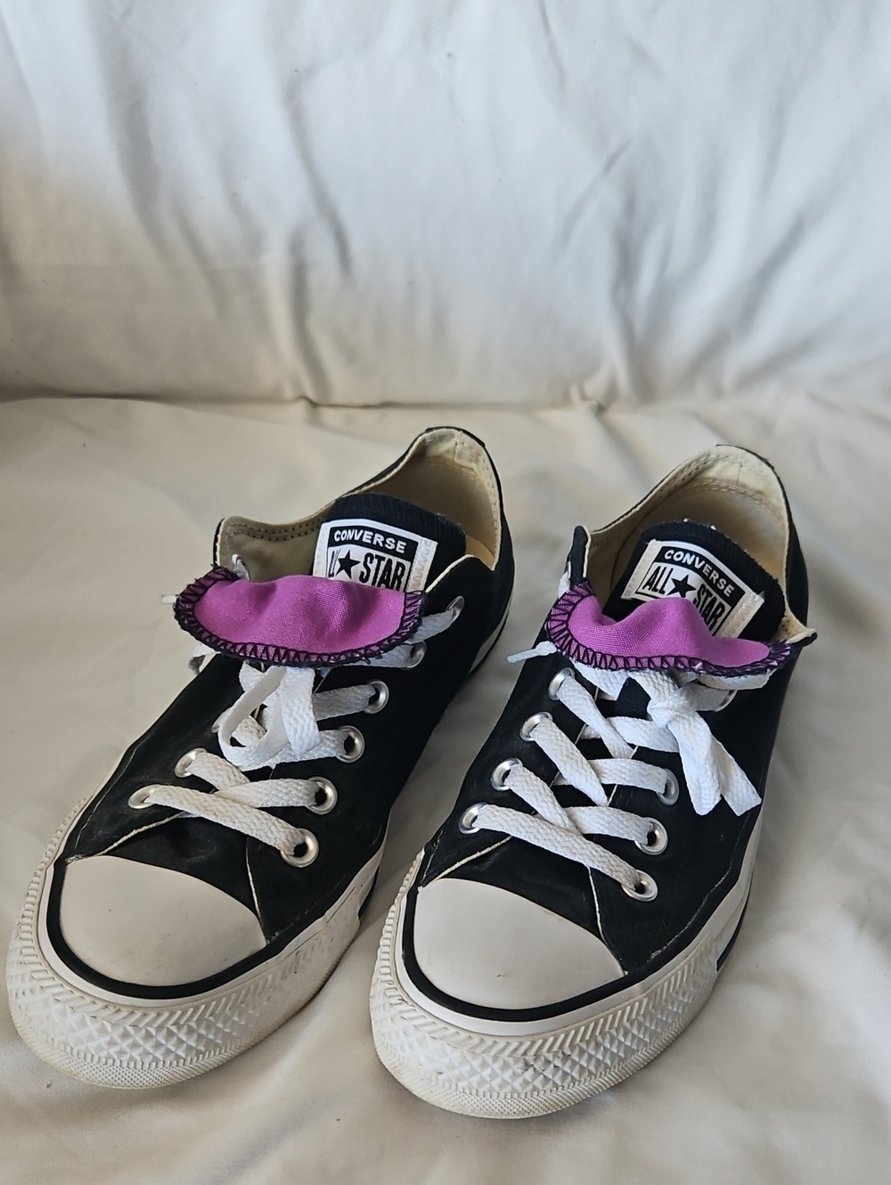 Womens Converse Black Low-Top Sneakers with Purple Double Tongue